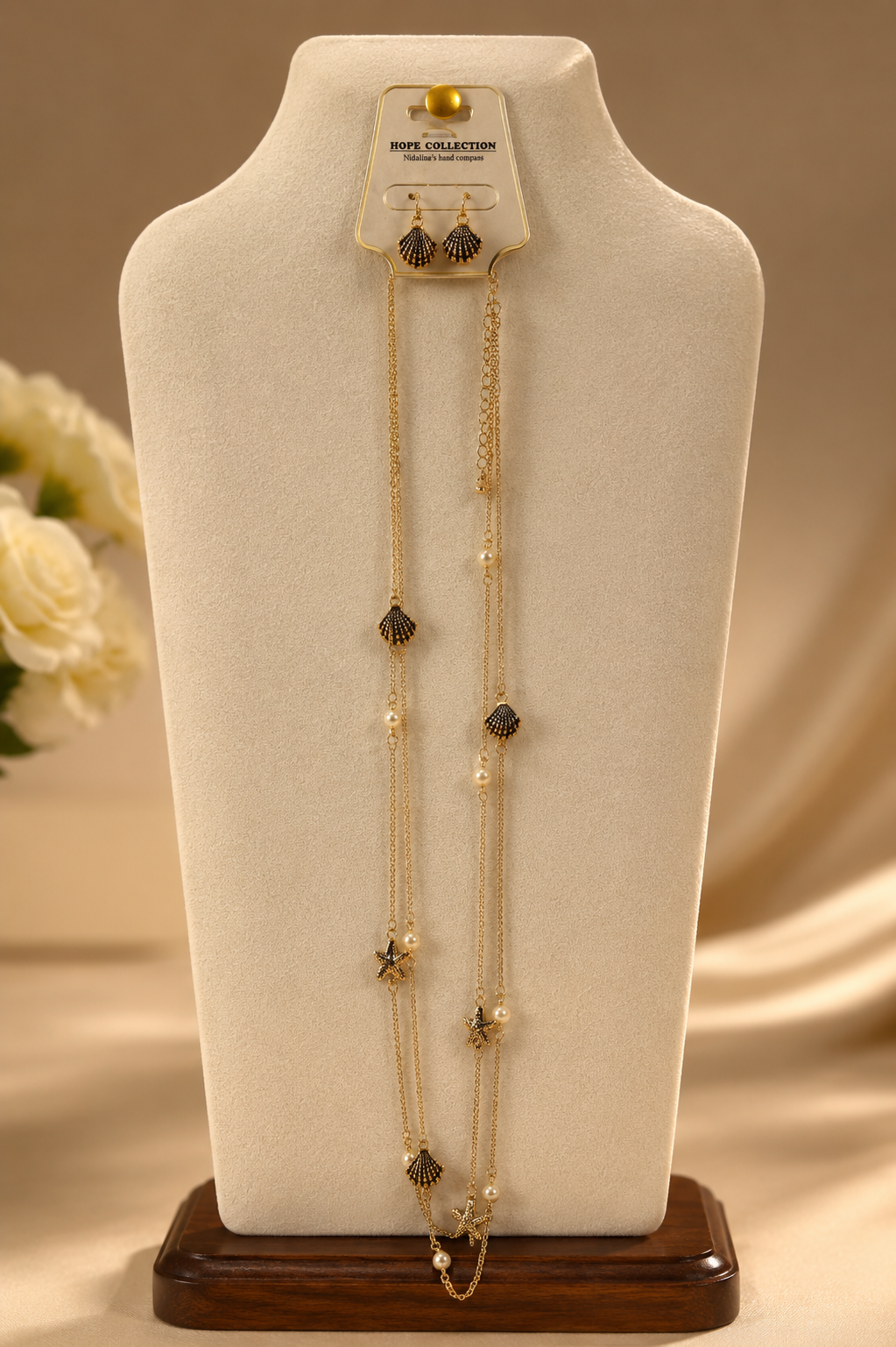 Delicate Gold and Pearl Starfish & Seashell Statement 36" Necklace Set