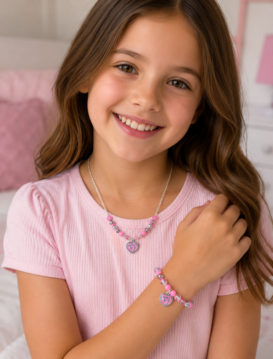 Girls Sweet Pink Heart Pendant Necklace & Matching Beaded Bracelet Set