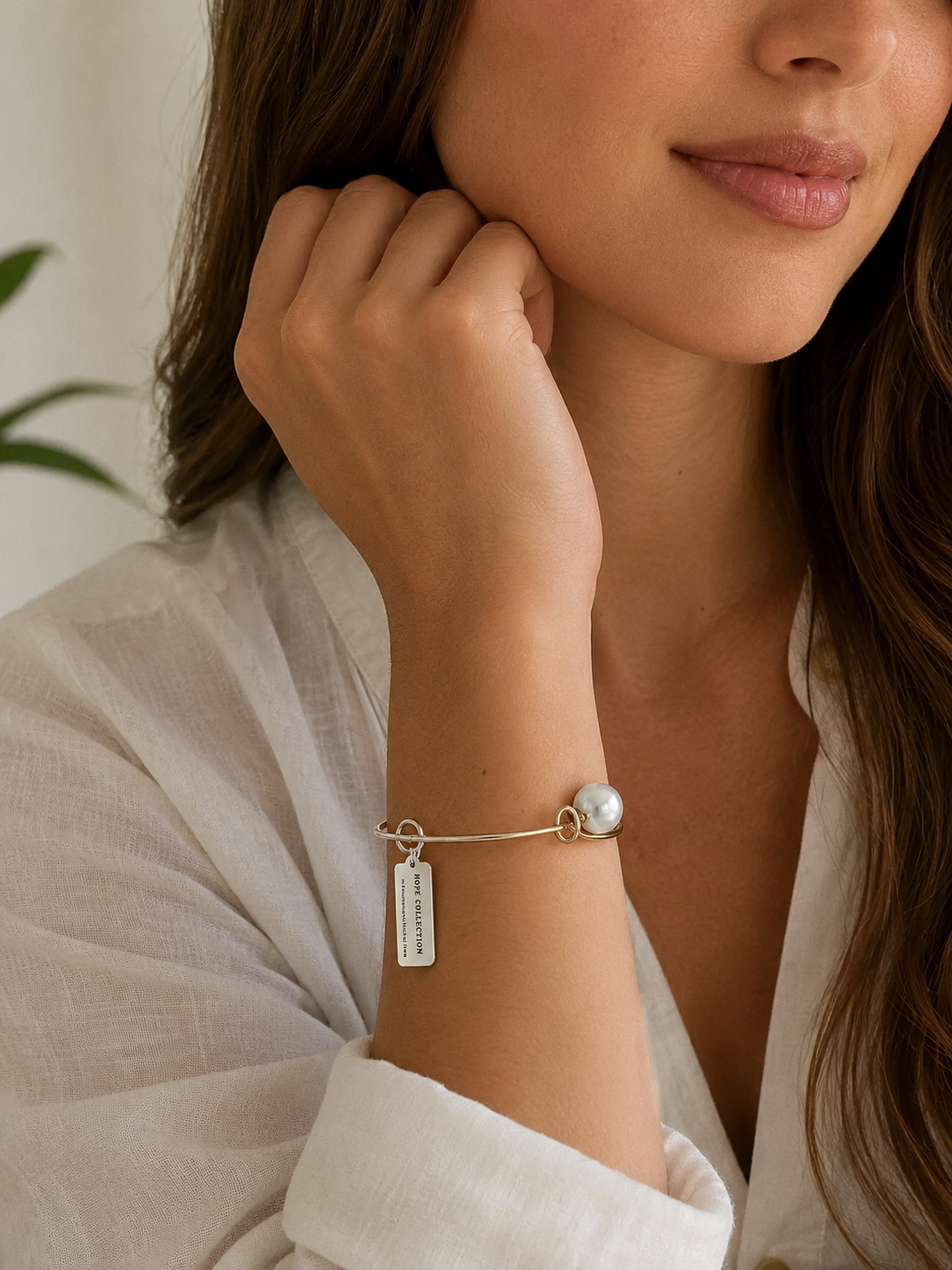 Minimalist Gold-Tone Safety Pin Pearl Bangle Bracelet