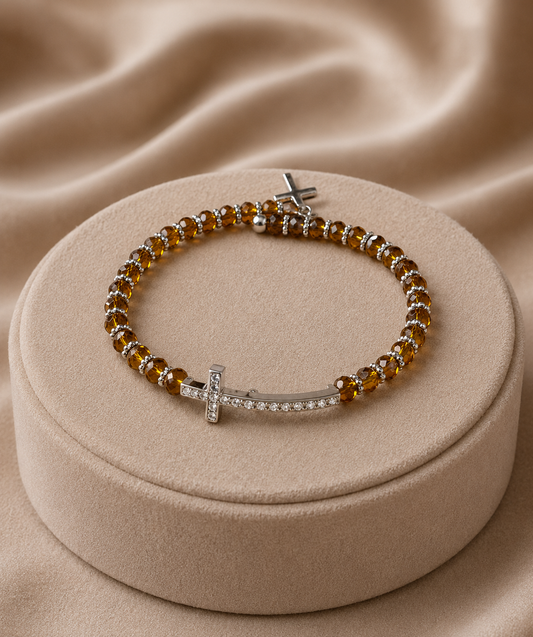 Honey Amber Faceted Beaded Bracelet with Pavé Crystal Cross Charm