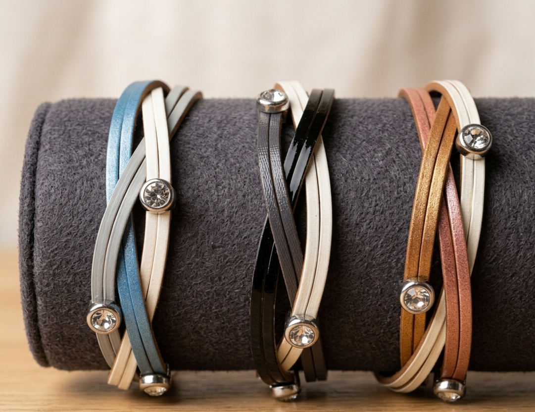 Chic Multi-Strand Intertwined Faux Leather Bracelet with Rhinestone Accents
