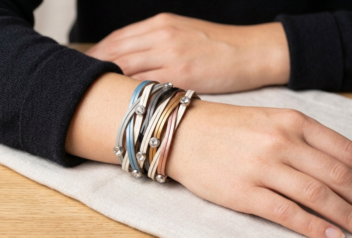 Chic Multi-Strand Intertwined Faux Leather Bracelet with Rhinestone Accents