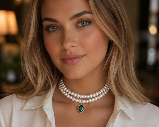 Elegant Double Strand Pearl Choker Necklace with Green Emerald Pendant Gold Tone